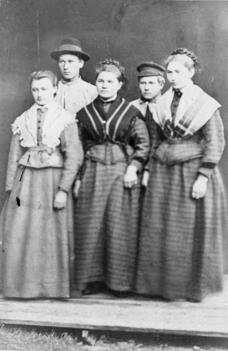 Gruppebilde
Fra venstre mot høyre:
Hansine Rasmussen f. 1852 d. 1933
N.N, 
Oleanna Olsdatter gift Rochmann, 
N.N, 
Jensine Andrea Olsen.