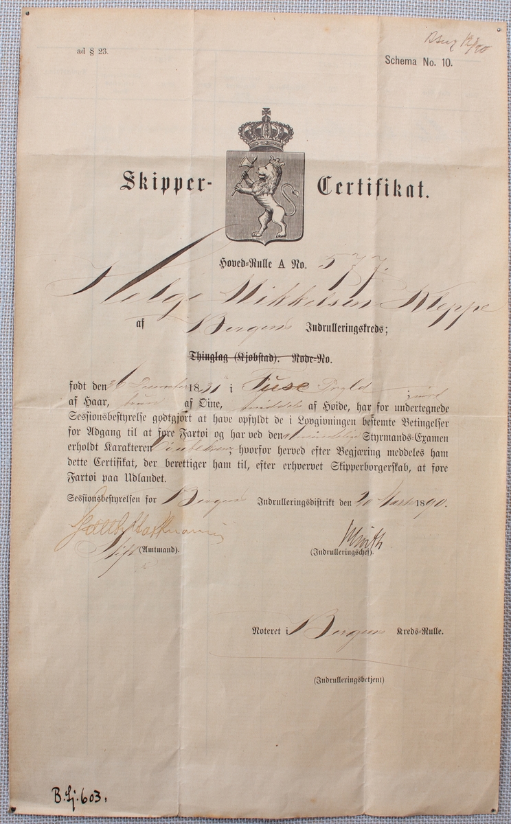 Skippersertifikat tildelt Helge Mikkelsen Kleppe utstedt den 20. mars 1890.