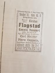 Avisannonse for Kirsten Flagstads debutkonsert i Universitetes Aula, 21. mars, 1918.