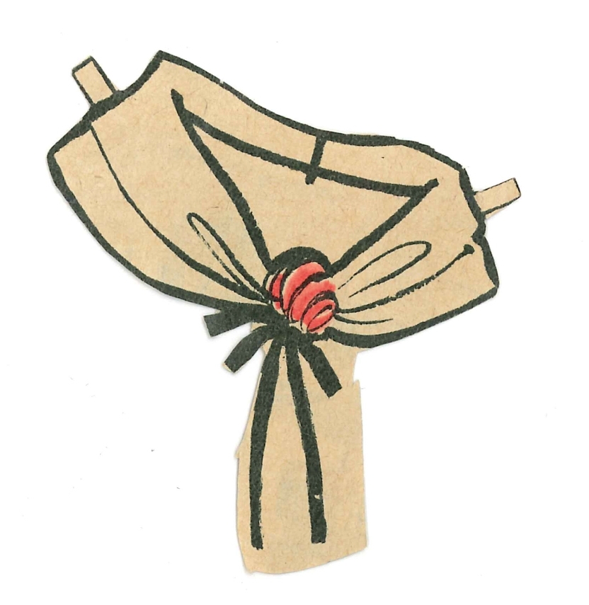 Klippdockskläder, en skal med en ros. Sjalen är ett tidningsurklipp.

Tillhör klippdockan i papp (VM29163:1).