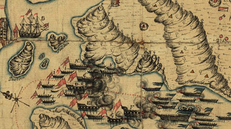 Kart fra 1718 viser et tredvetalls fartøy i sjøslag.