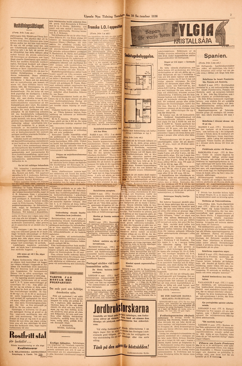 Sida i dagstidningen Upsala Nya Tidning den 10 september 1936