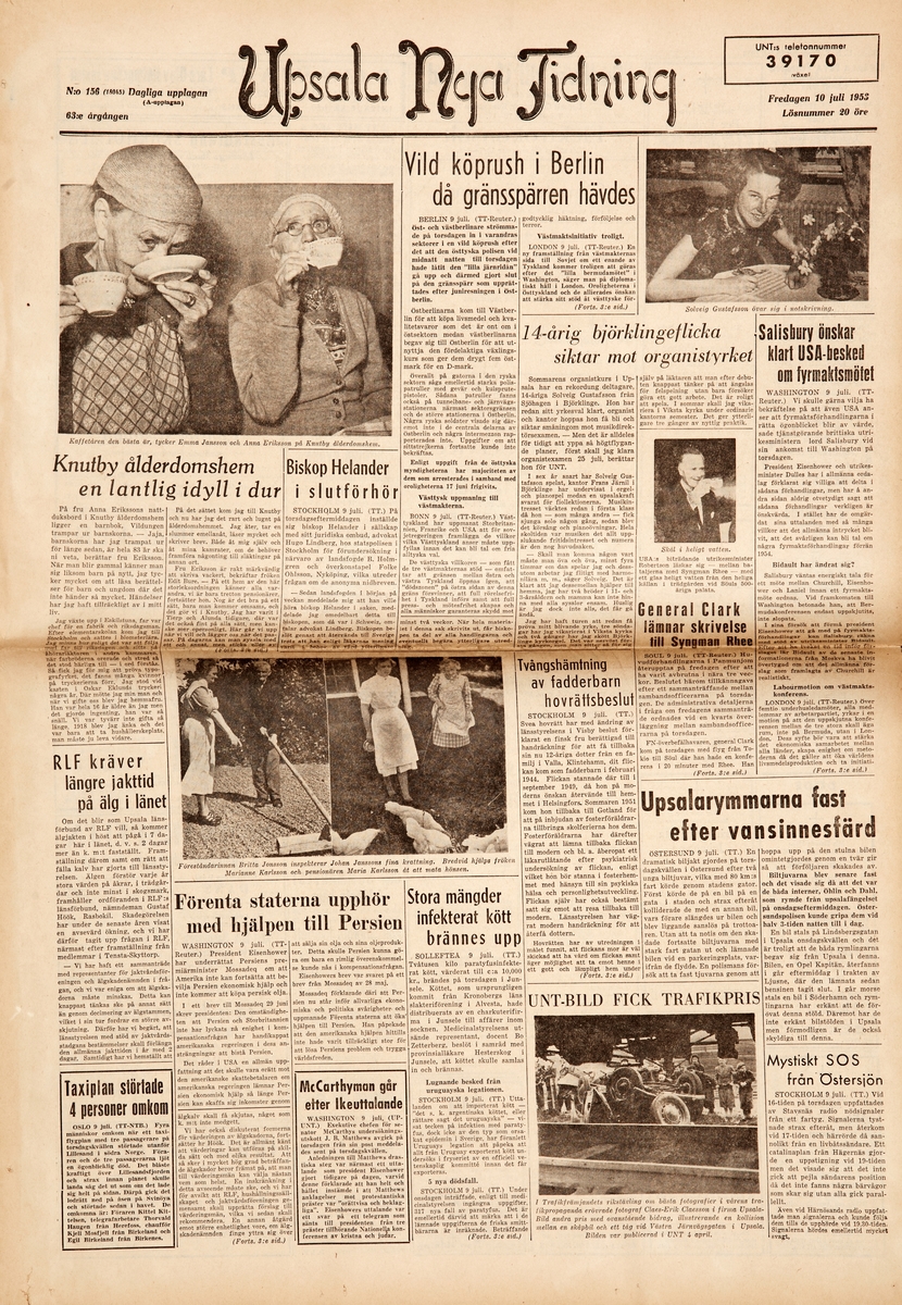 Dagstidningen Upsala Nya Tidnings förstasida 10 juli 1953