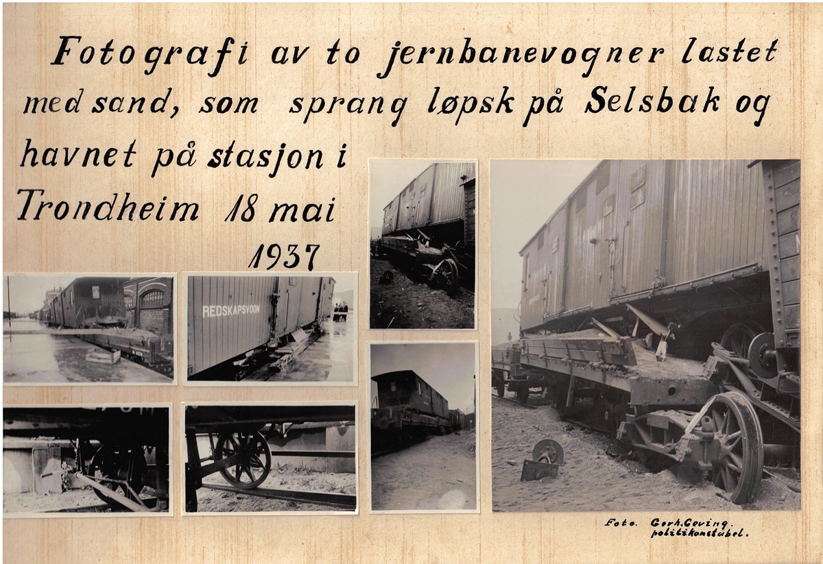 Fotografi av to jernbanevogner lastet med sand, som sprang løpsk på Selsbak og havnet på stasjon i Trondheim 18 mai 1937