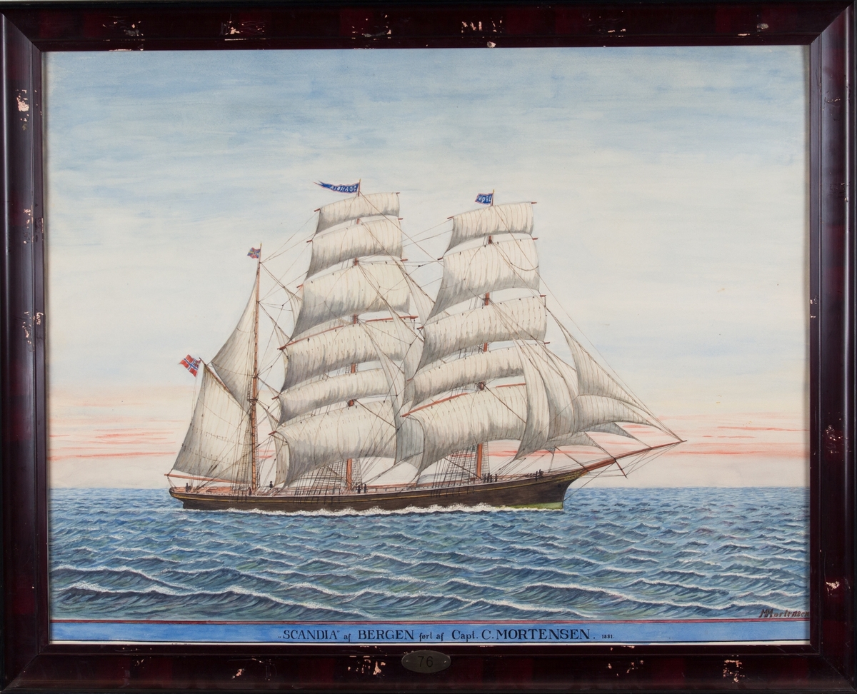 Skipsportrett av bark SCANDIA under fulle seil. Fører unionsflagg akter og vimpel med skipets navn i stormasten.