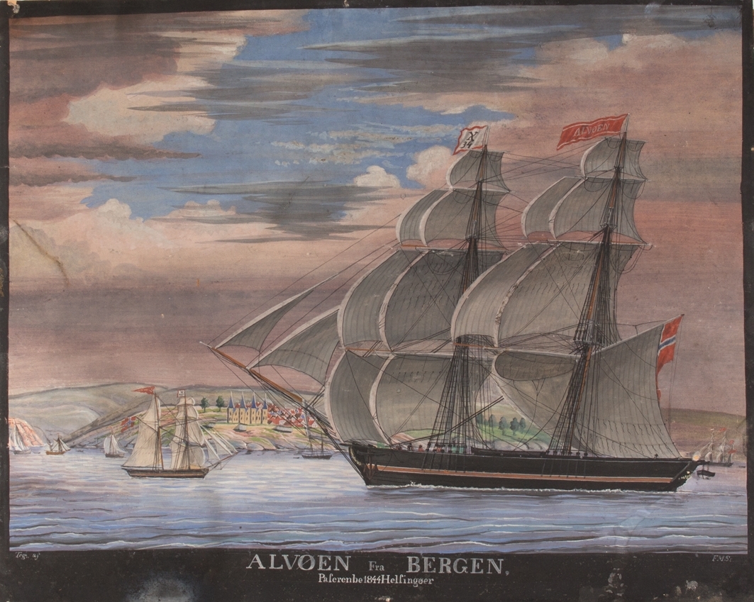 Briggen ALVØEN sees paserende Helsingør i 1844. En skonnertbrigg som også fører X-flagg og diverse andre småfartøyer sees også.
