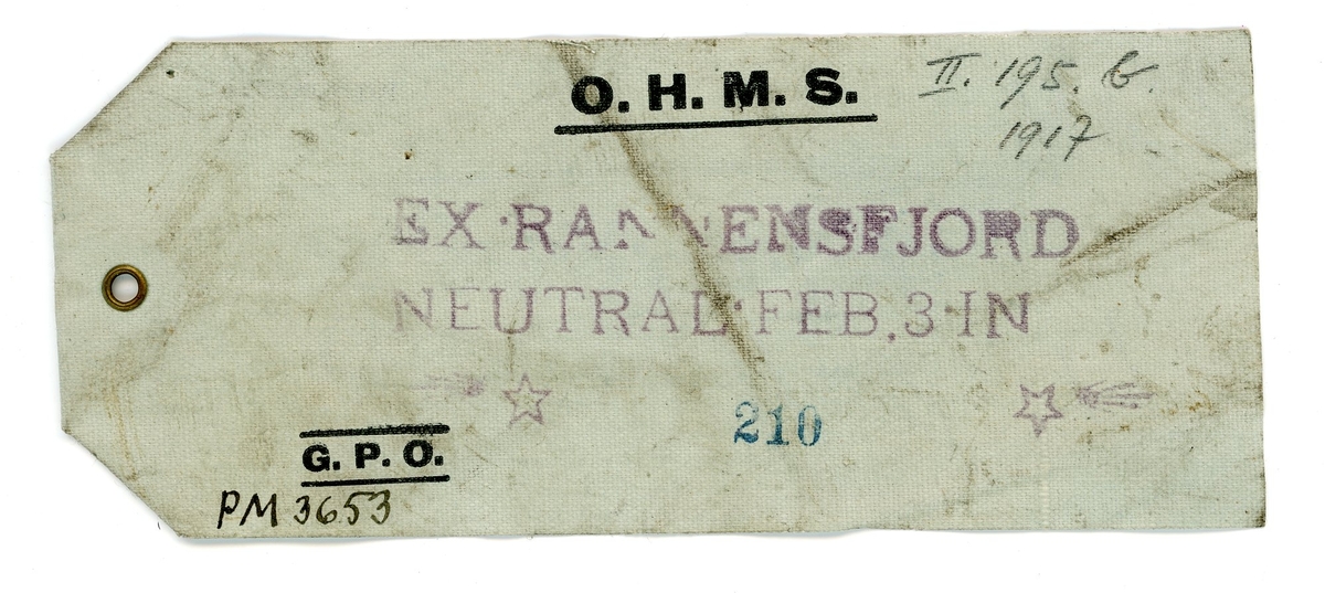 Etikett för postpåse öppnad av krigscencuren i England. Använd under första värlskriget.