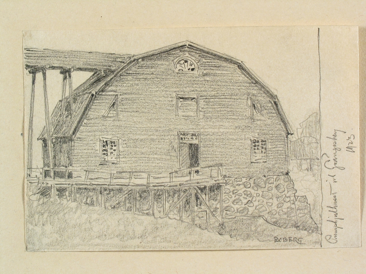 Dalarna, Grangärde sn., Grängesberg. "Pumphjulhuset vid Grängesberg". Teckning av Ferdinand Boberg