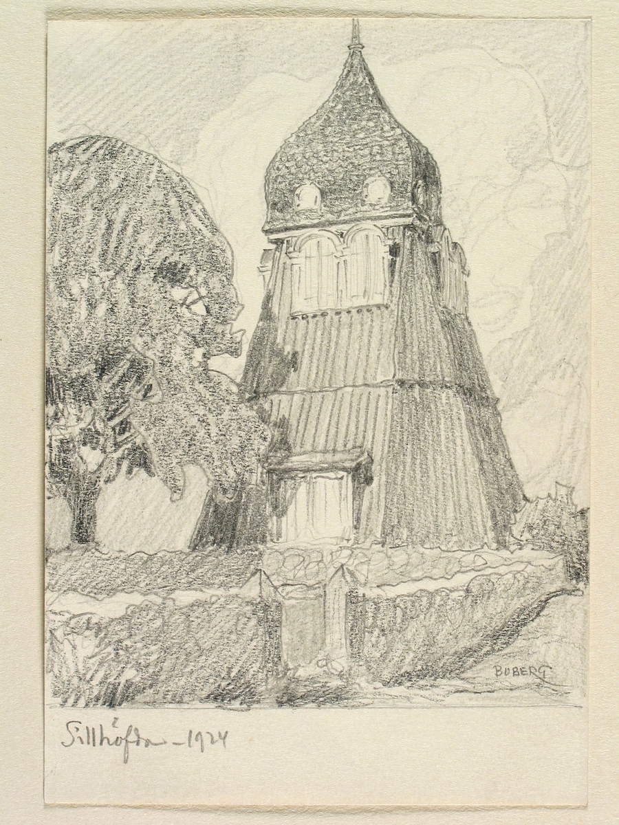 Blekinge, Sillhövda kyrka, klockstapeln. Teckning av Ferdinand Boberg