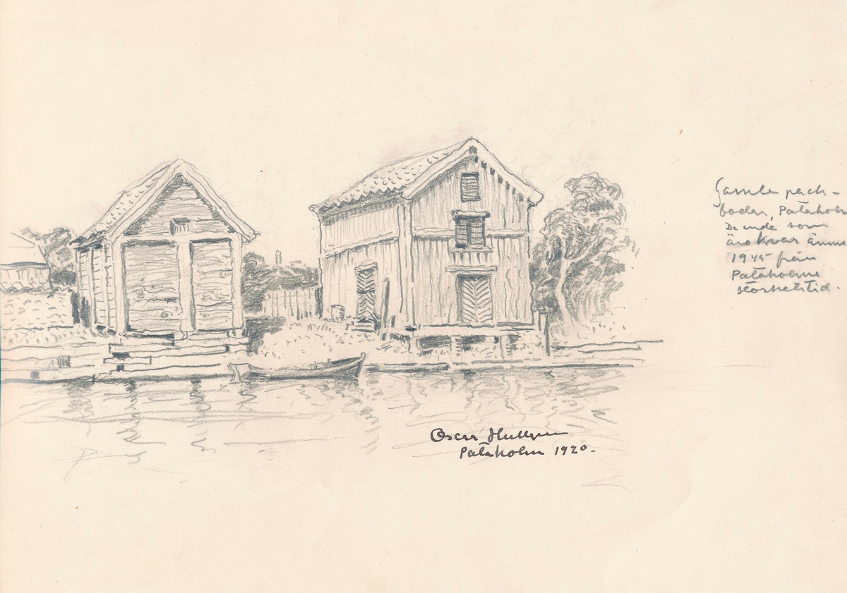 Pataholms hamn med de kvarstående gamla magasinen på norra sidan. Teckning av Oscar Hullgren. Kalmar läns museum.