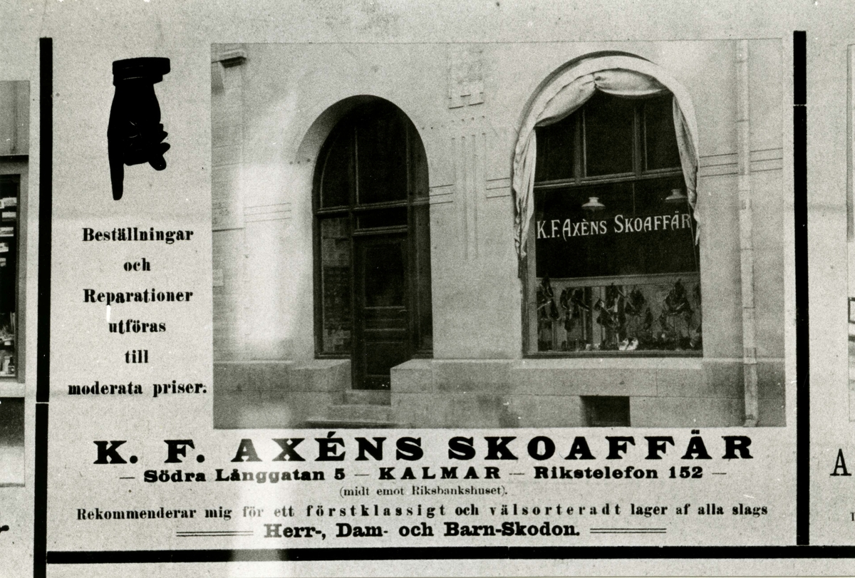 Larmtorget. K. F. Axéns skoaffär "Eoska huset". Annonstavla från 1908.
