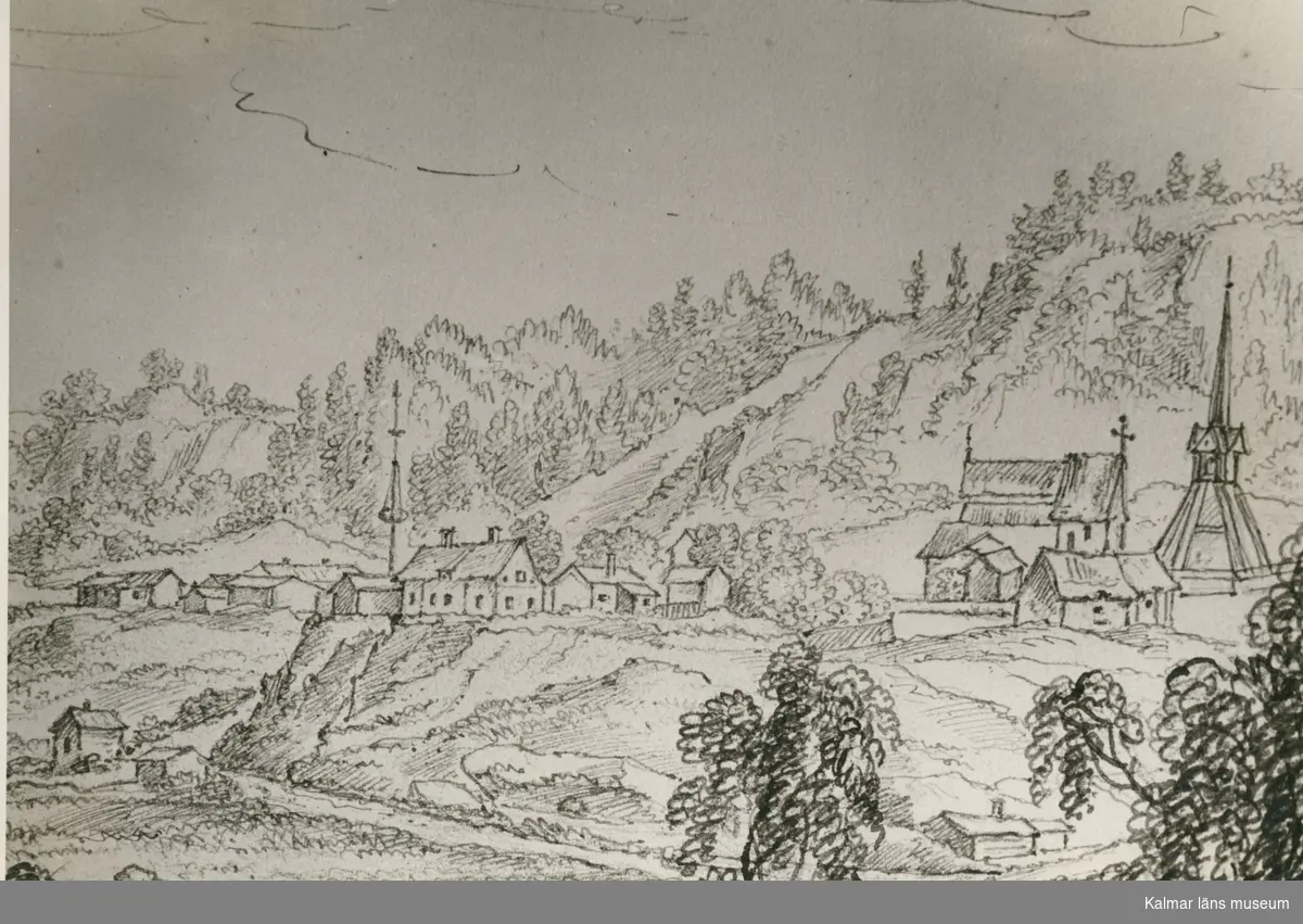 Teckning av byn med den medeltida stavkyrkan från omkring 1300 med kor och sakristia av sten, som revs 1854.

Teck. av D.W. Blom 1829.