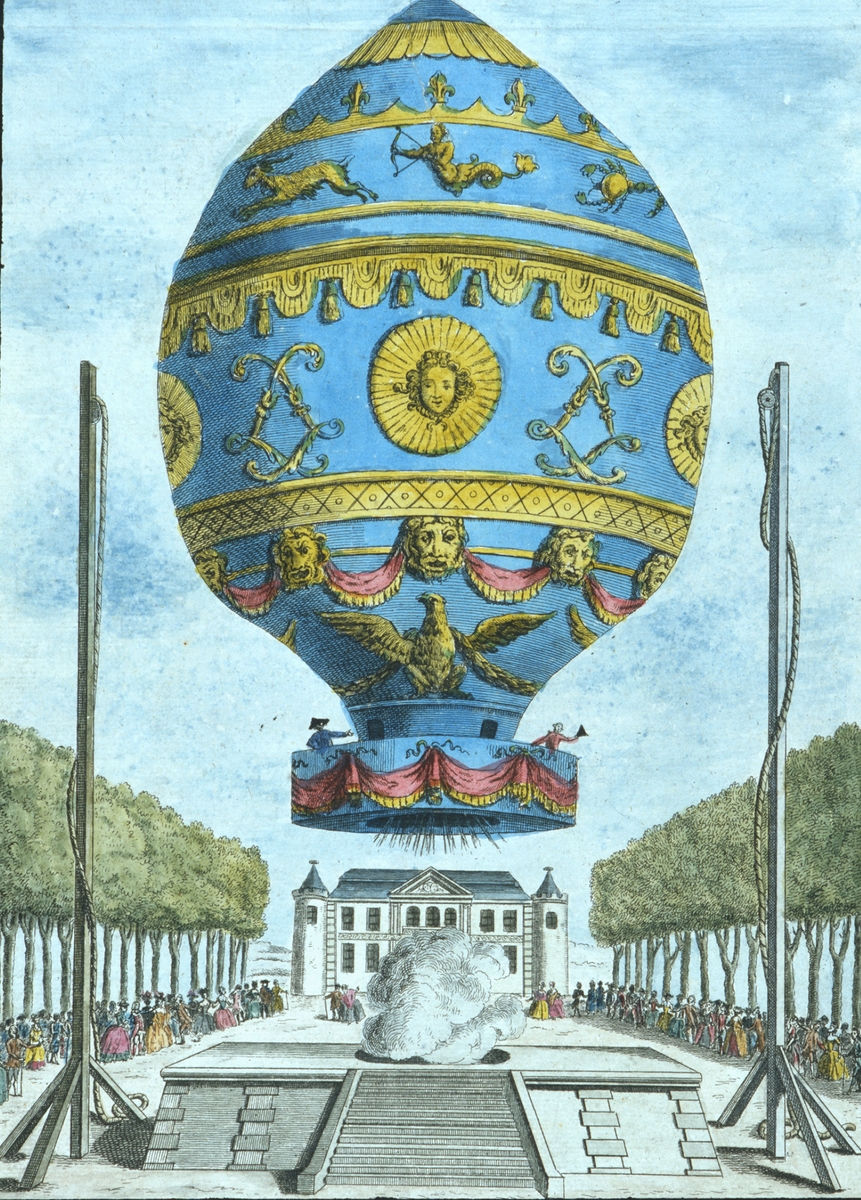 Den första ballonguppstigningen i historien med passagerare.
Fransmännen Rozier och dÂ´Arlandes i en varmluftsballong utanför Paris den 21 november 1783. Montgolfiers konstruktion.
