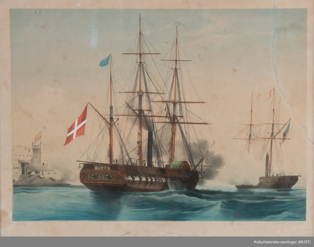Dansk fregatt, dampskip (sett delvis bakfra, delvis fra siden)