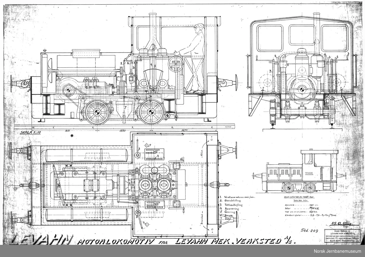 Motorlokomotiv fra Levahn mek. Verksted
1335 m/m, motor 50/55 hk, vægt på drivhjulene 15,5 ton. Påført Skd 209 i ettertid.