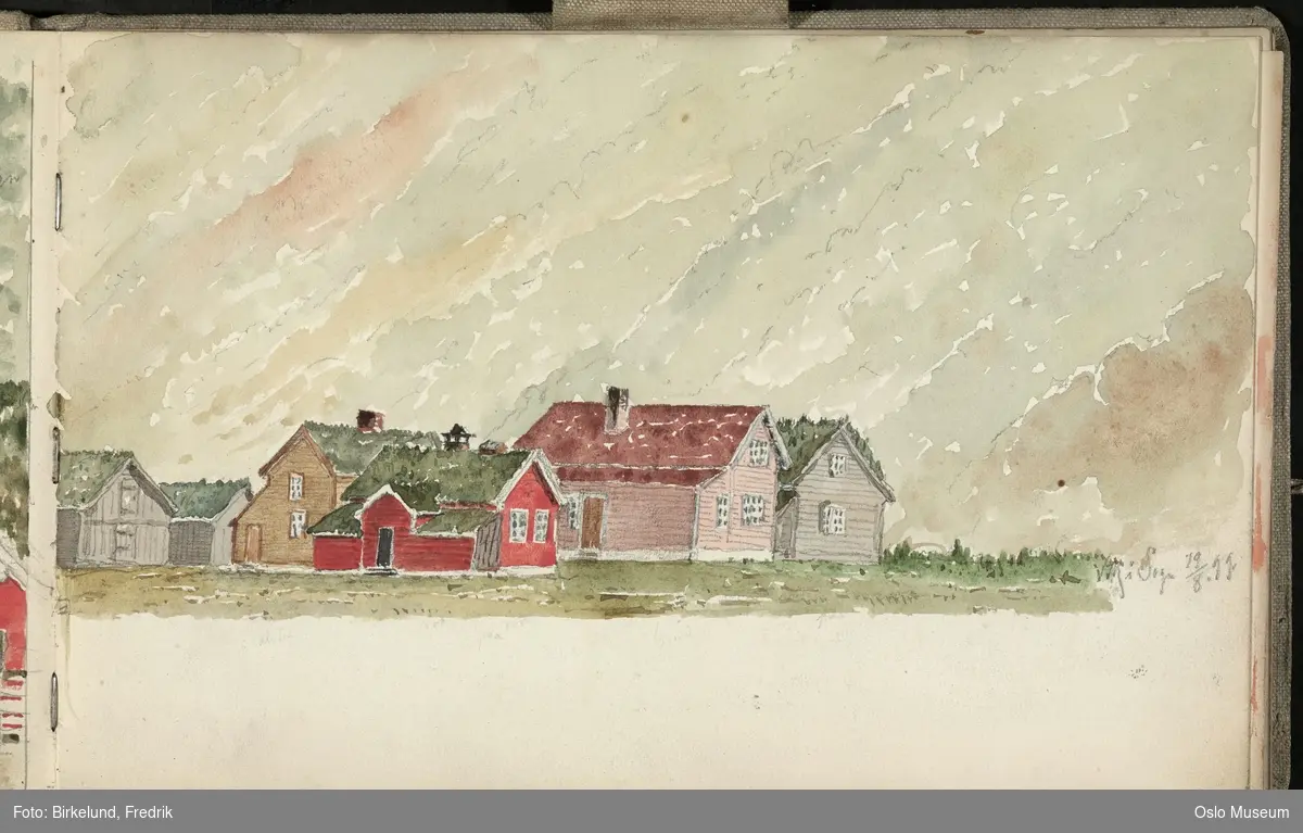 Innbundet skissebok med blyantskisser og malte skisser fra Vikøyri, Vik i Sogn og Hove steinkirke.