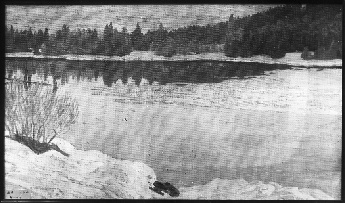 Tavla målad av Andreas Hanson år 1918. "Tjällossning". N:o 39. 650:-.

