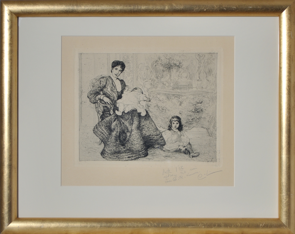 Etsning, "Fru Dora Lamm och hennes två äldsta söner". 
Förlaga till målningen "Fru Dora Lamm och hennes två äldsta söner" av Carl Larsson, 1903.

Ramad.