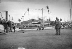 Turistbåter ved kai med lauvbuketter i alle master. St. Hans