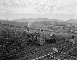 Norsk landbruks jubileumsutstilling 1959. Mann på traktor, p