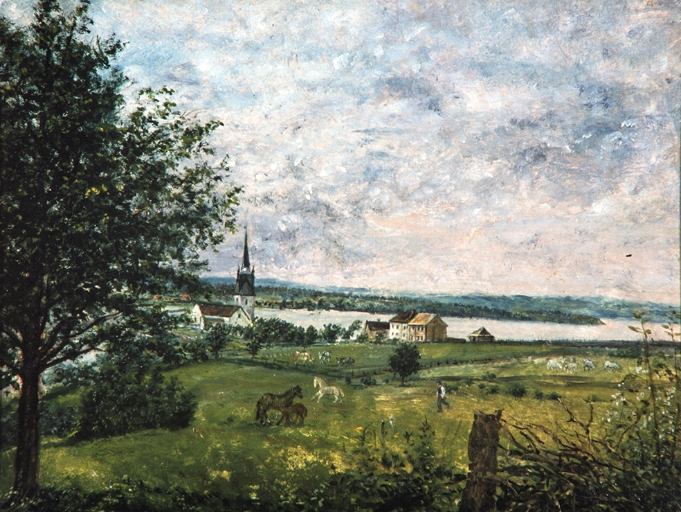 Maleri av Mathias Stoltenberg. (født 1799, død 1871)
Nes kirke mot Helgøya. 27x34,5. usignert, udatert. p.e.