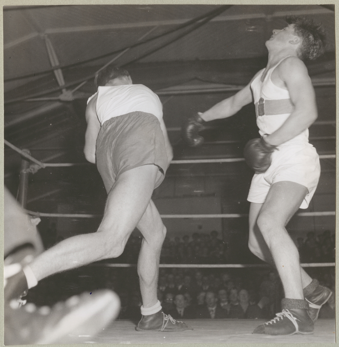 Två män klädda i idrottskläder och boxningshandskar står i en boxningsring och boxas. I bakgrunden syns åskådare.