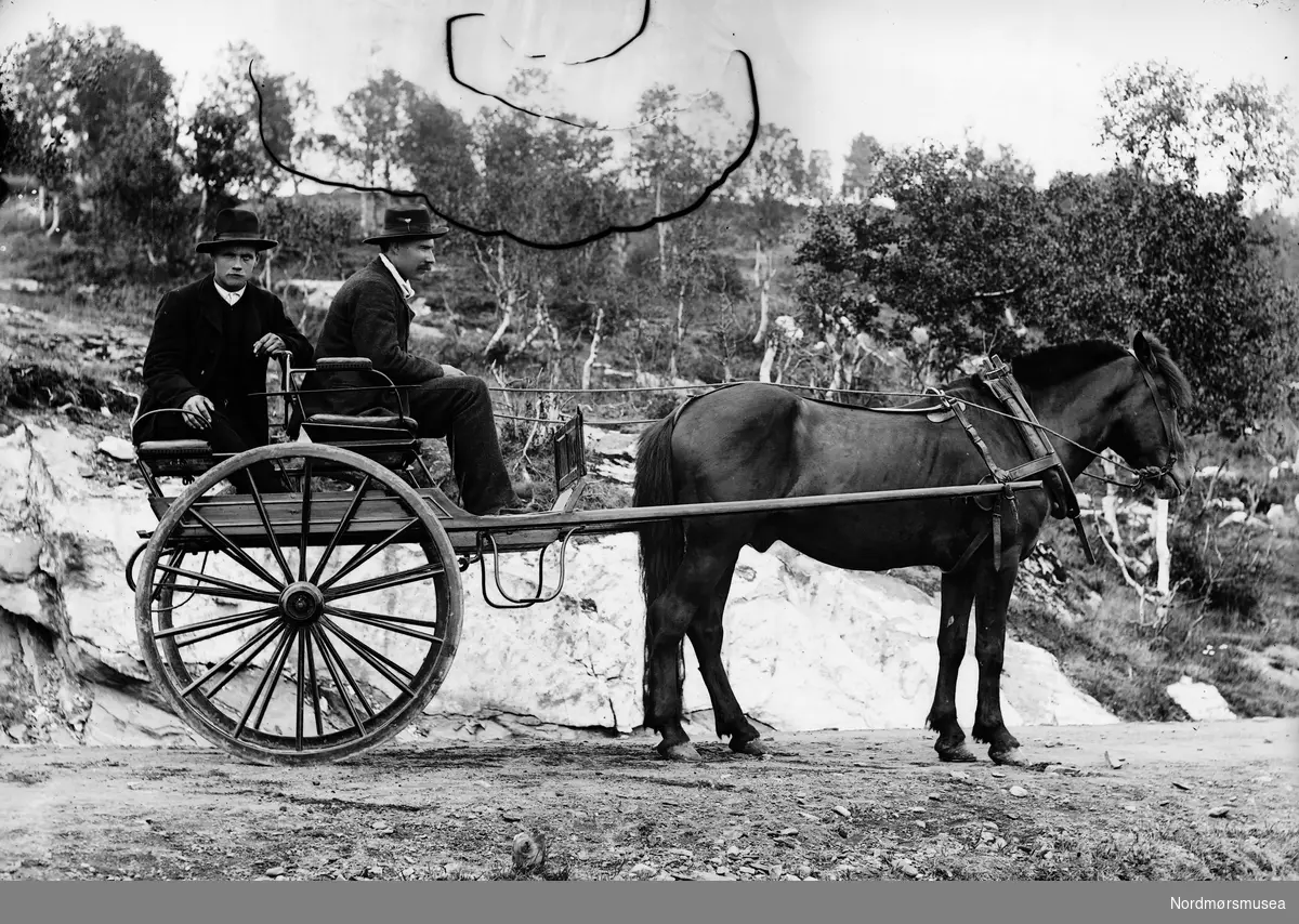 Foto av hest, vogn og kusk med passasjer bak. Trolig i Sunndal kommune. Fra Sunndal museumslags fotosamlinger.