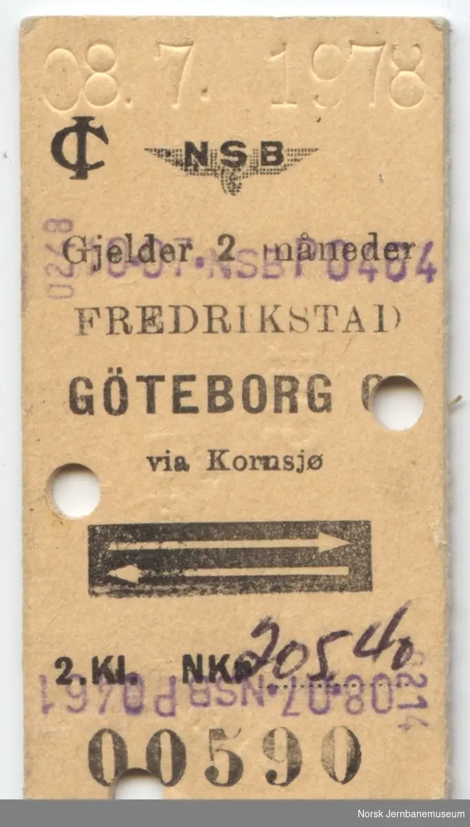 Billett Fredrikstad-Göteborg, 2. kl., tur/retur, maskinbillett