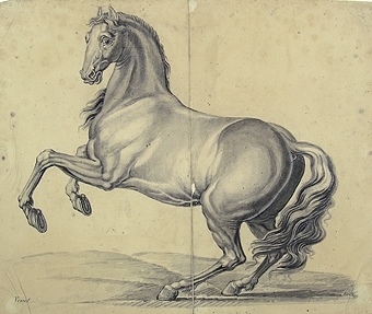 Bilden föreställer en stegrande häst med ängslig blick. Kopia av Vernet. Signerad. Vikt och trasigt papper.