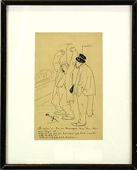 Teckningen föreställer två kolingar, småpratande. Den ena mannen sträcker på sig och jäspar, den andre står med händerna i fickorna. Text: Vits.
Signerad. Påsatt en gammal ram på teckningen 19970618.