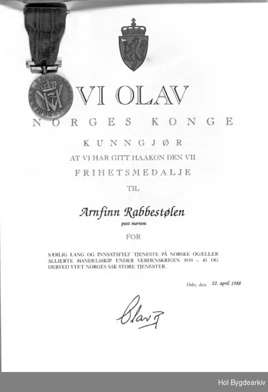 Diplom, Frihetsmedalje, Arnfinn Rabbestølen