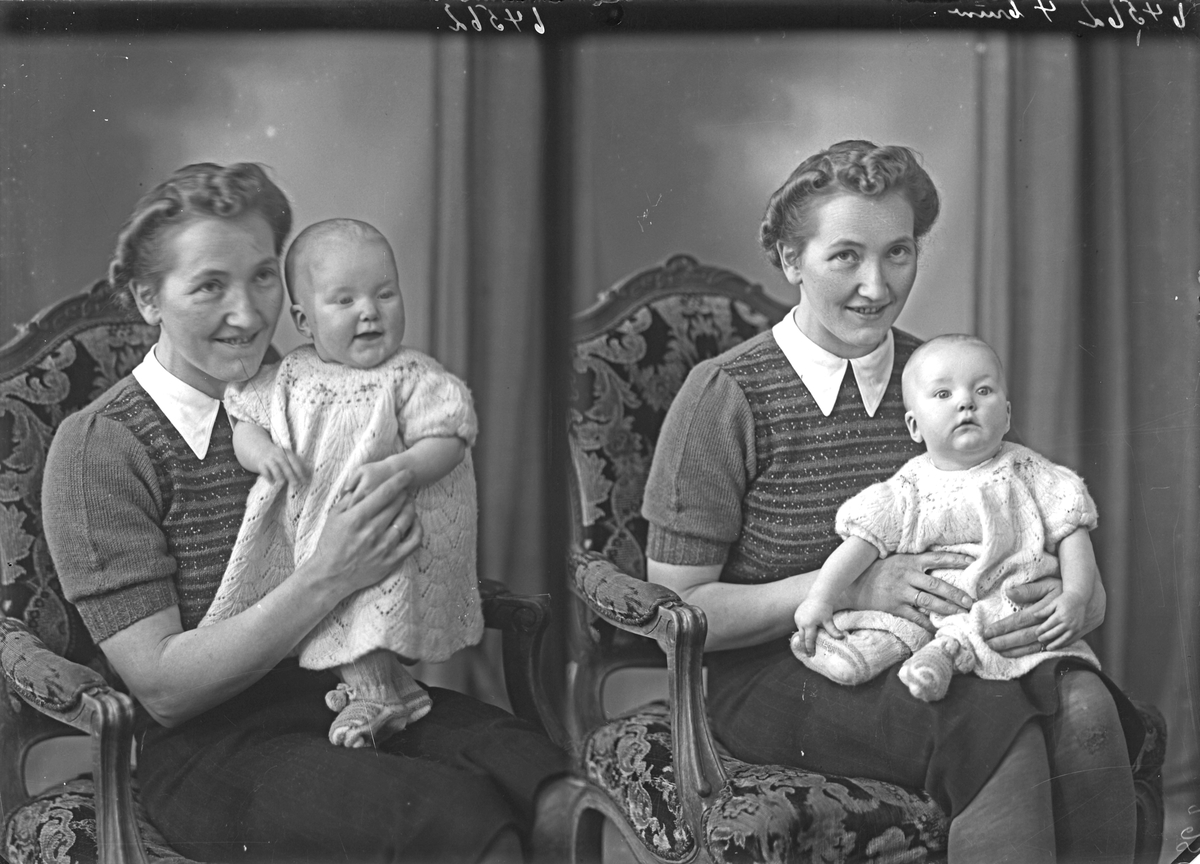 Portrett. Familiegruppe på to. Ung kvinne og lite barn. Bestilt av Fru Bertha Lilleskog. Espevik.