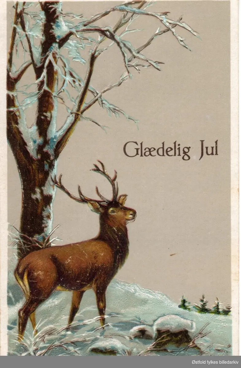 Julekort. Tegning. Dyremotiv i vinterlandskap. Poststempla 1918.