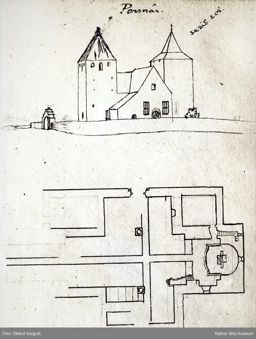Teckning av Persnäs kyrka. Serie efter Rhezelius.