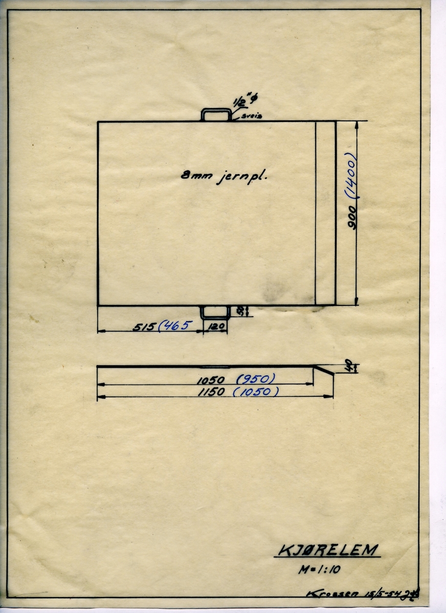 Håndtegnet arbeidstegning for kjørelem, målestokk 1:10. Utarbeidet på Krossen 1954.