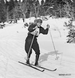 Personer, ski og skistaver, naturforhold.