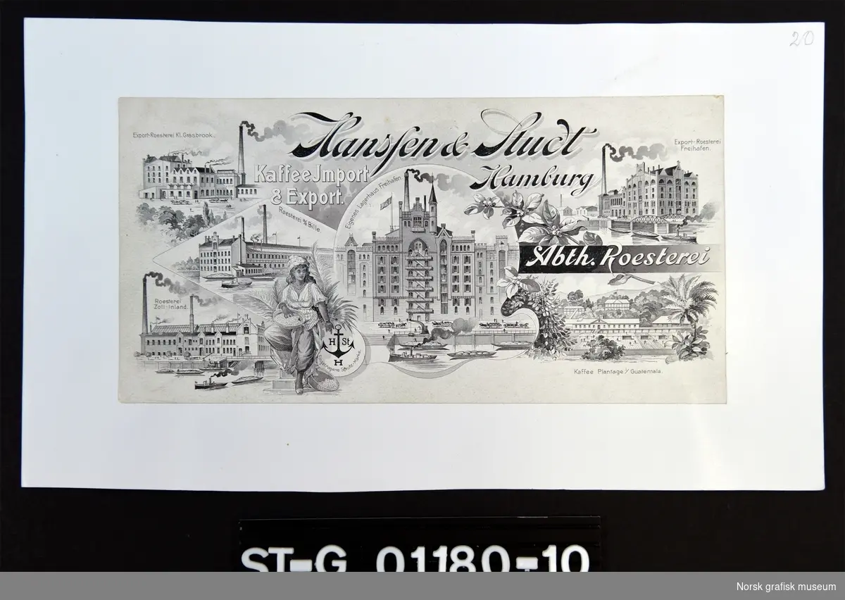 Brevhodet i sort/hvitt viser øverst firmanavnet "Hansfen & Stuct Hamburg" med fremstillinger av seks ulike (fabrikk-)bygninger, samt en kvinne som sorterer kaffebønner, og enkelte dekorative kaffe-grener.