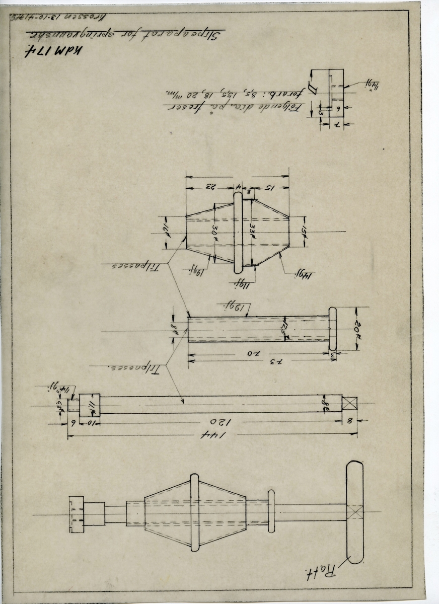 Håndtegnet arbeidstegning til slipeapparat for springvannskran. Opprinnelig tegningsnummer 174. Utarbeidet på Krossen i 1941.