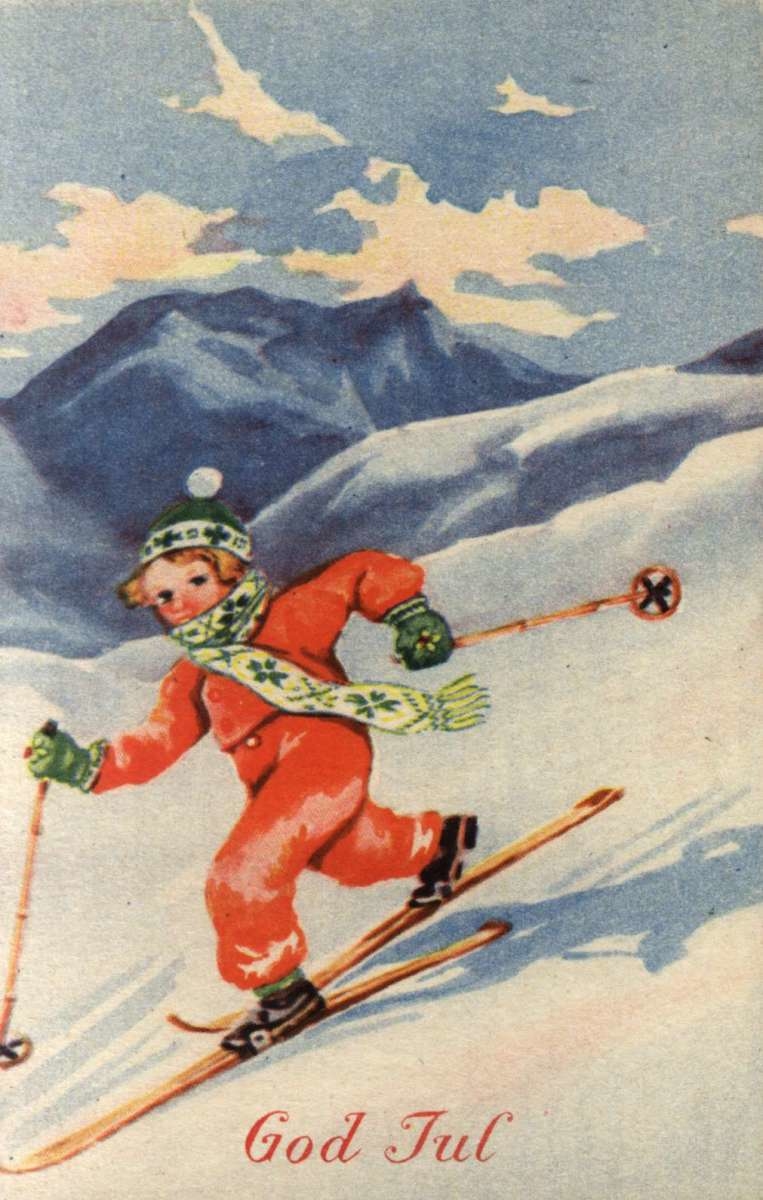 Julekort. Ubrukt. Vintermotiv. Fjellandskap. Liten jente på ski.