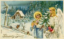 Julekort. Jule- og nyttårshilsen. To engler, den ene med glo