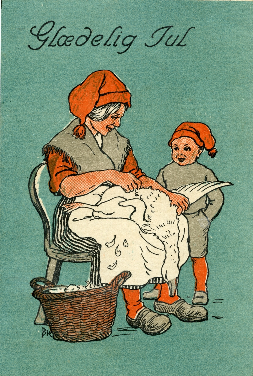 Julekort. Nyttårshilsen. Kvinne med nisselue sitter og plukker en gås. Fjærene legges i en kurv. En gutt med nisselue ser på. Stemplet 26.12.1919.