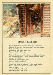 Julekort. Ubrukt. En klokker ringer med kirkeklokken, en lan