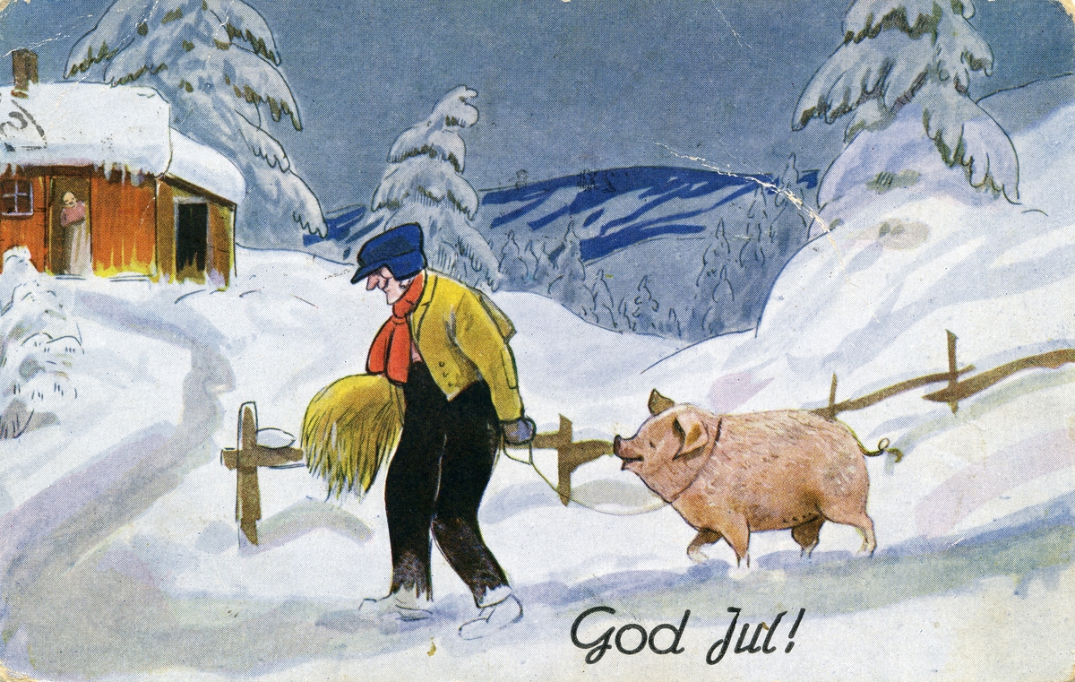Julekort. Nyttårshilsen. Vinterlandskap med skog og fjell. En mann med kornband under armen leier en glad gris. I bakgrunnen ses et hus der en kone står i døren. Stemplet 22.12.1933.