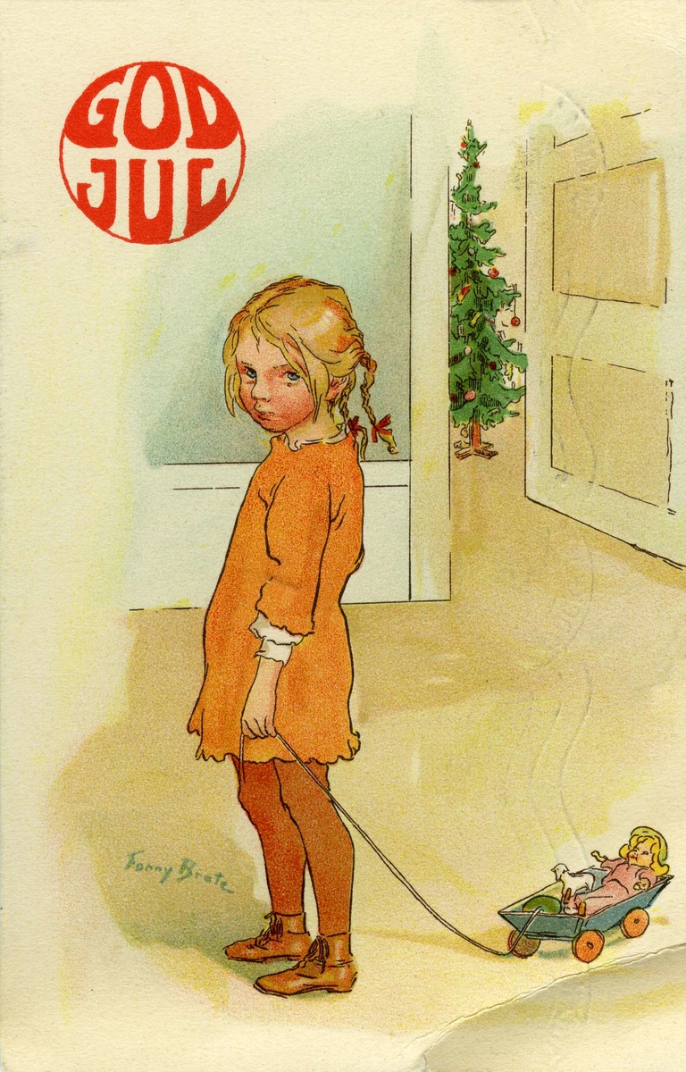 Julekort. Jule- og nyttårshilsen. En liten jente står med en dukke i en liten vogn, et juletre skimtes i det andre rommet. Stemplet 23.12.1927.