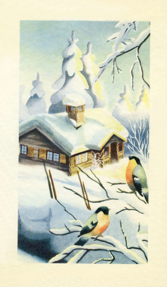 Postkort. Jule- og nyttårshilsen. Vintermotiv. To fugler sitter i et tre foran en snødekt hytte.
