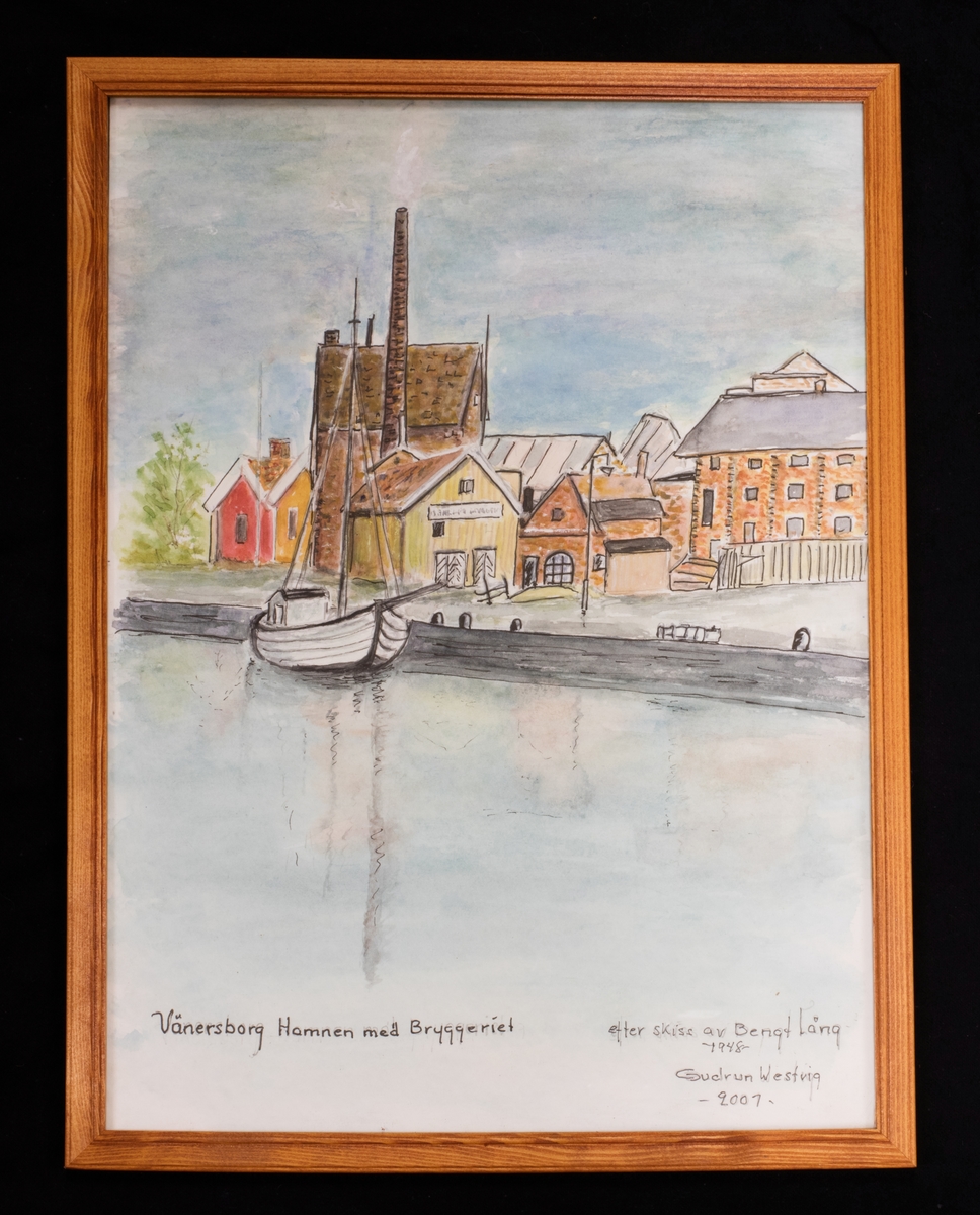 Tuschteckning och akvarell. Inramad. Motiv: Vänersborg Hamnen med Bryggeriet. Efter en skiss av Bengt Lång 1948, målad av Gudrum Westvig 2007.