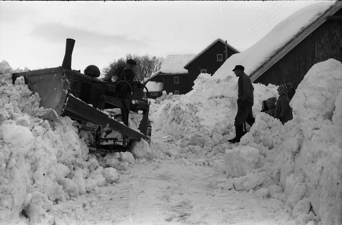 Snørydding med bulldoser ved Evang på Lena april 1951. Mannen som står til høyre i bildet er Egil Evensen som var gardskar på Evang.