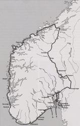Kart over stedene i Sør-Norge som Christian 6. besøkte i 1733.