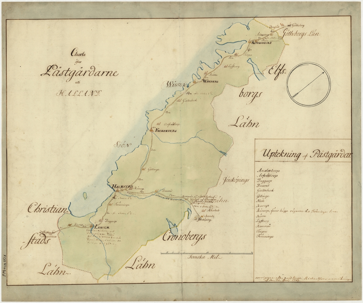 Postkarta över postgårdarna i Halland under 1700-talets mitt. Kartan visar endast Halland, de angränsande länen namnges endast vid sidan om. En förteckning över postgårdar finns i nedre högra hörnet. Kartan är ritad och kolorerad för hand.
