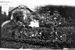 Tre ukjente jenter står i hagen øst for familien Sundts hus 